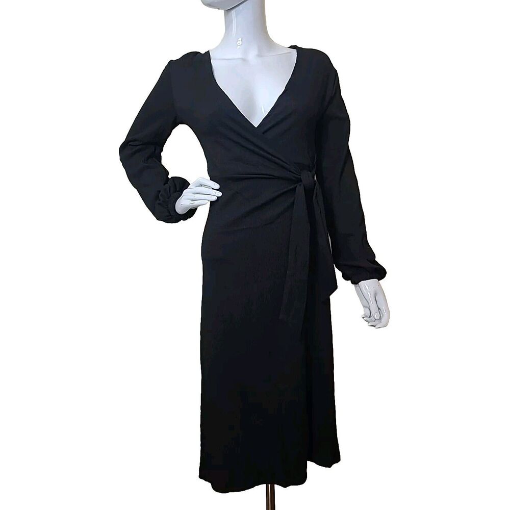 H&M Wrap Dress Women’s Size XS Black Belted Midi V-Neck
